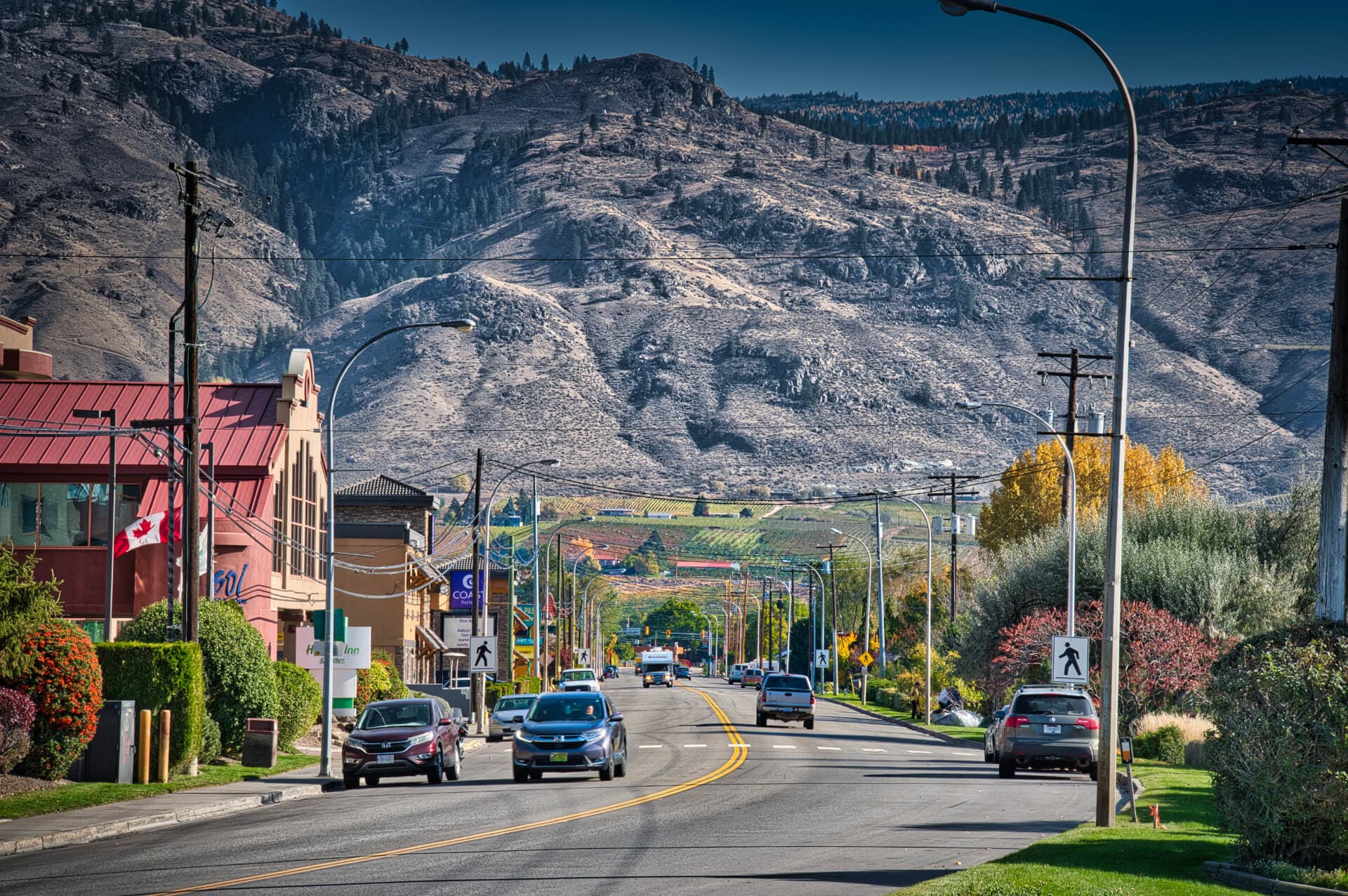 Main Street Osoyoos in autumn, looking toward the mountains